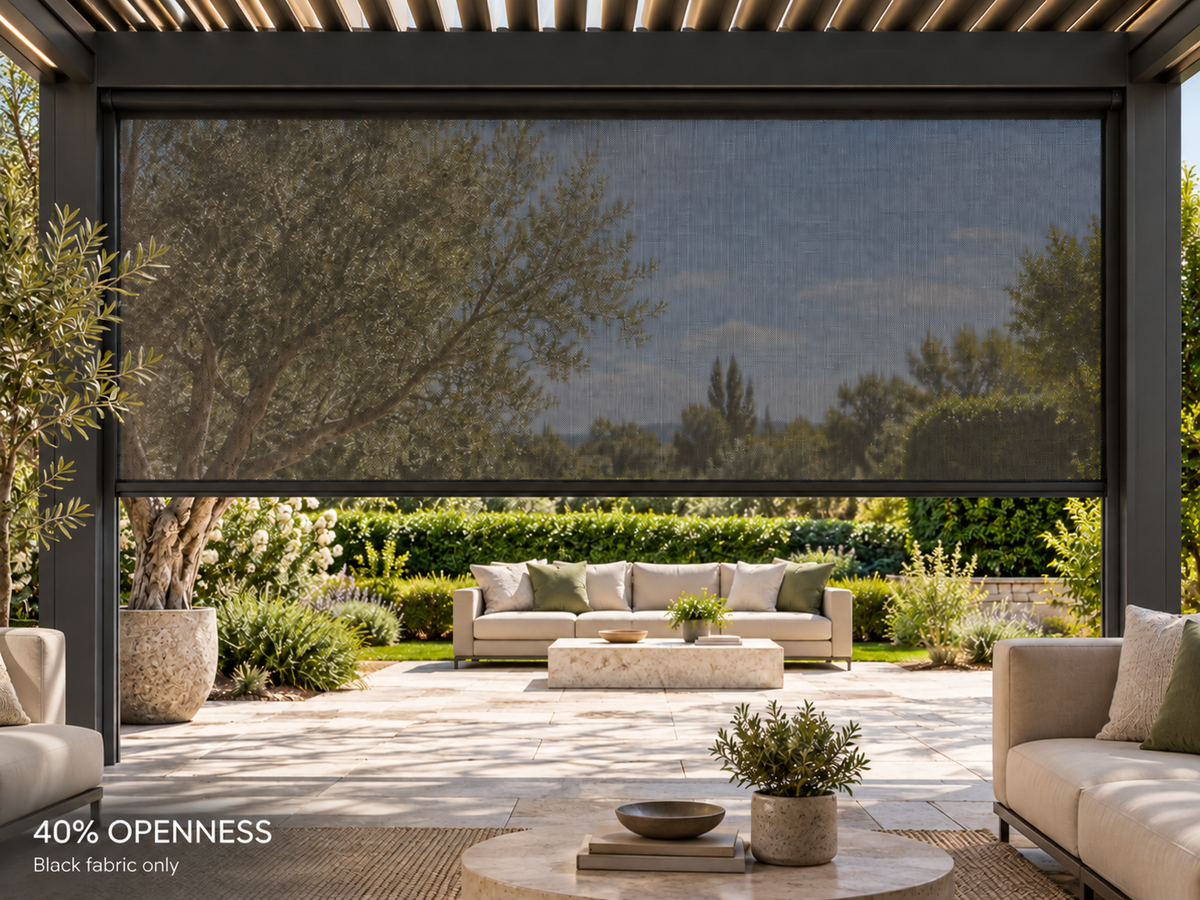 OVIA motorized pergola sun shade at 40 percent openness, black fabric