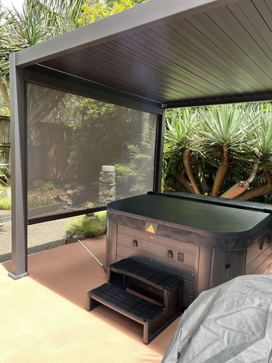 Installed OVIA T5 Ultra pergola with motorized louvered roof