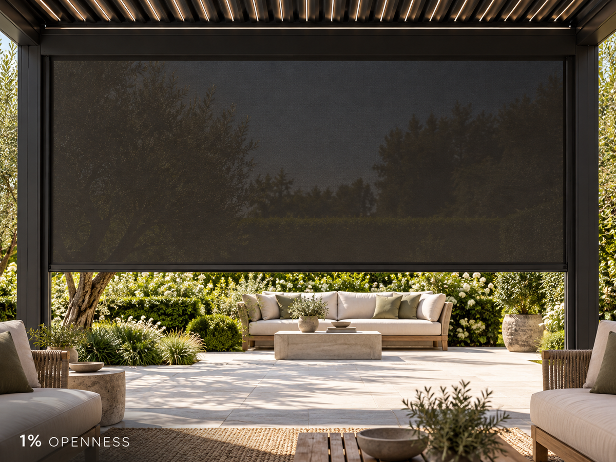 OVIA motorized pergola sun shade at 1 percent openness