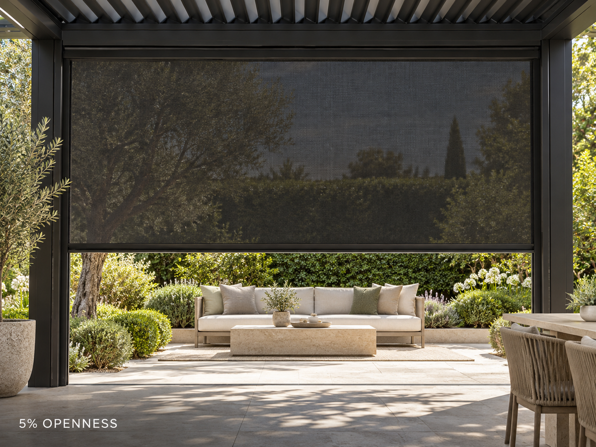 OVIA motorized pergola sun shade at 5 percent openness