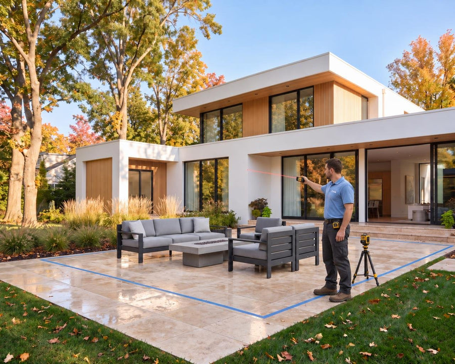 A certified OVIA installer measuring a patio for a pergola